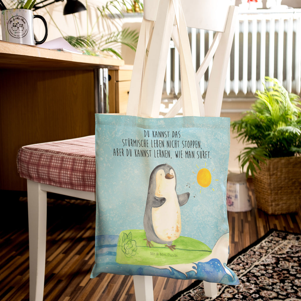 Einkaufstasche Pinguin Surfer Tragetasche, Tasche, Beutel, Stofftasche, Baumwolltasche, Umhängetasche, Shopper, Pinguin, Pinguine, surfen, Surfer, Hawaii, Urlaub, Wellen, Wellen reiten, Portugal