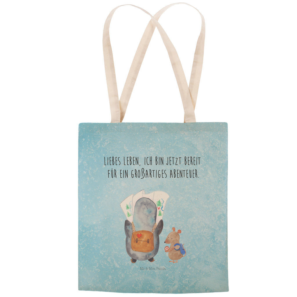 Einkaufstasche Pinguin & Maus Wanderer Tragetasche, Tasche, Beutel, Stofftasche, Baumwolltasche, Umhängetasche, Shopper, Pinguin, Pinguine, Abenteurer, Abenteuer, Roadtrip, Ausflug, Wanderlust, wandern