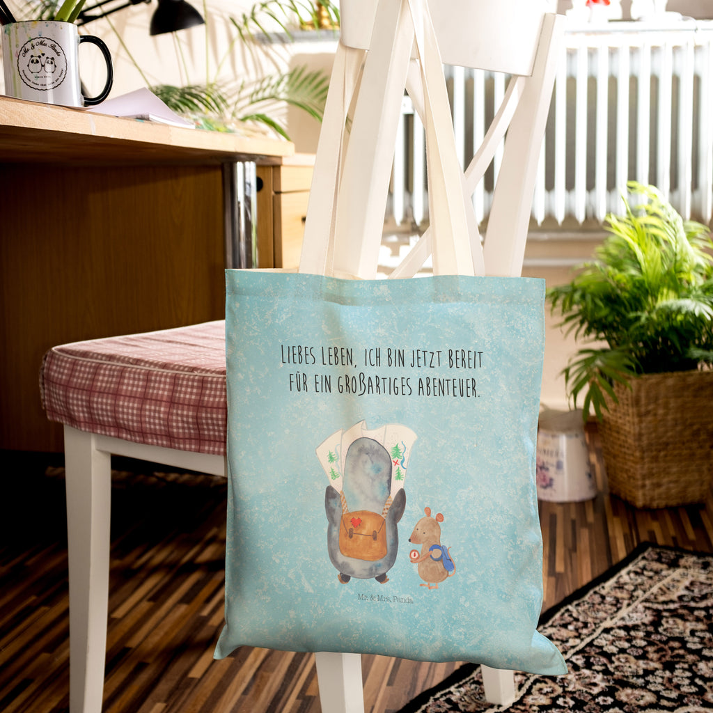 Einkaufstasche Pinguin & Maus Wanderer Tragetasche, Tasche, Beutel, Stofftasche, Baumwolltasche, Umhängetasche, Shopper, Pinguin, Pinguine, Abenteurer, Abenteuer, Roadtrip, Ausflug, Wanderlust, wandern