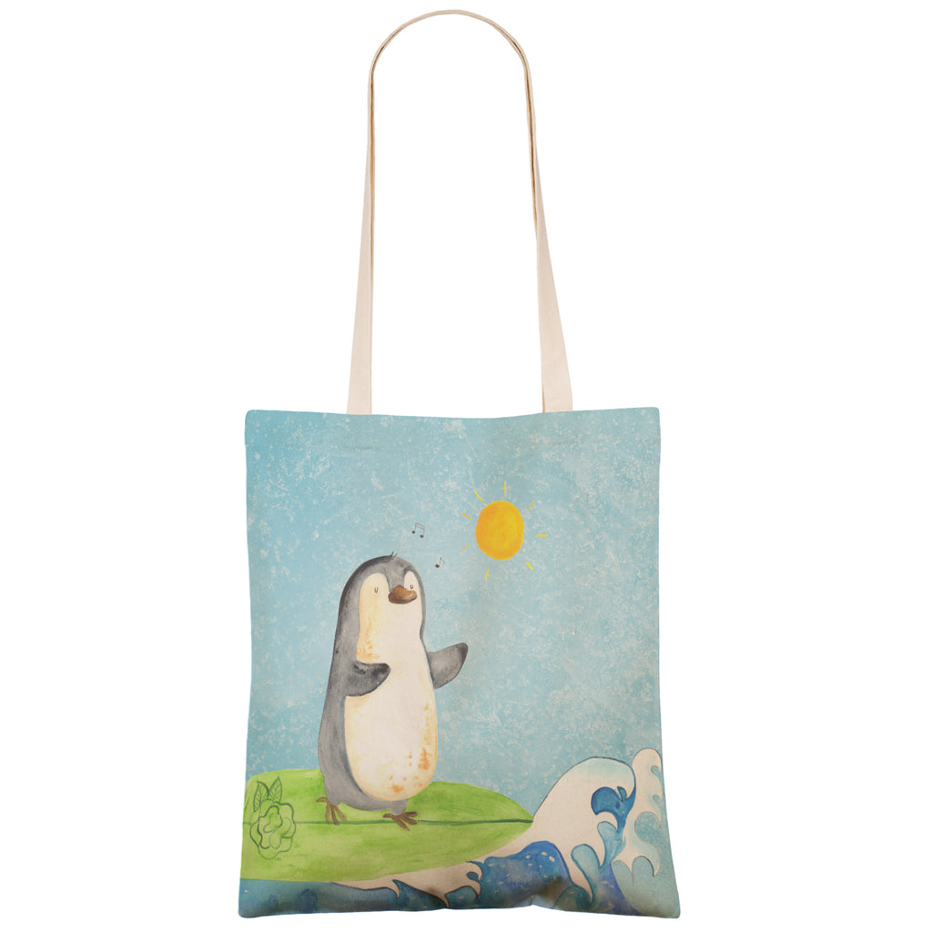 Einkaufstasche Pinguin Surfer Tragetasche, Tasche, Beutel, Stofftasche, Baumwolltasche, Umhängetasche, Shopper, Pinguin, Pinguine, surfen, Surfer, Hawaii, Urlaub, Wellen, Wellen reiten, Portugal