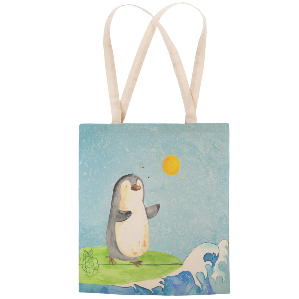 Einkaufstasche Pinguin Surfer Tragetasche, Tasche, Beutel, Stofftasche, Baumwolltasche, Umhängetasche, Shopper, Pinguin, Pinguine, surfen, Surfer, Hawaii, Urlaub, Wellen, Wellen reiten, Portugal