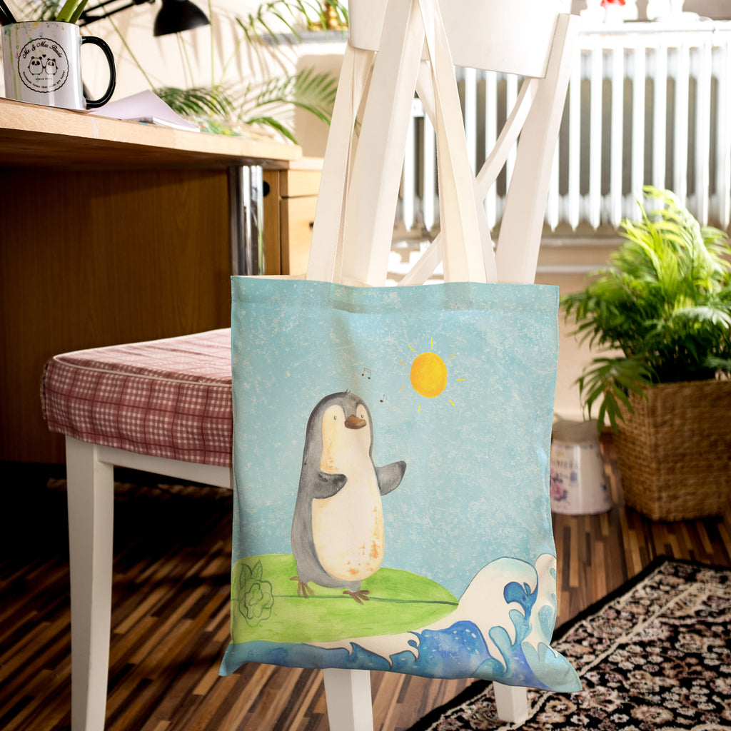 Einkaufstasche Pinguin Surfer Tragetasche, Tasche, Beutel, Stofftasche, Baumwolltasche, Umhängetasche, Shopper, Pinguin, Pinguine, surfen, Surfer, Hawaii, Urlaub, Wellen, Wellen reiten, Portugal
