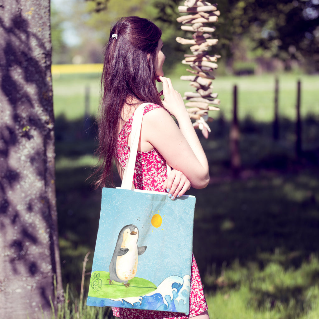 Einkaufstasche Pinguin Surfer Tragetasche, Tasche, Beutel, Stofftasche, Baumwolltasche, Umhängetasche, Shopper, Pinguin, Pinguine, surfen, Surfer, Hawaii, Urlaub, Wellen, Wellen reiten, Portugal