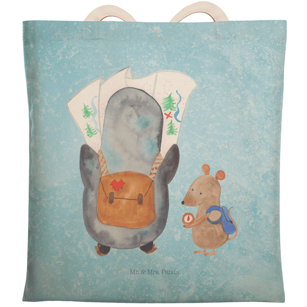 Einkaufstasche Pinguin & Maus Wanderer Tragetasche, Tasche, Beutel, Stofftasche, Baumwolltasche, Umhängetasche, Shopper, Pinguin, Pinguine, Abenteurer, Abenteuer, Roadtrip, Ausflug, Wanderlust, wandern