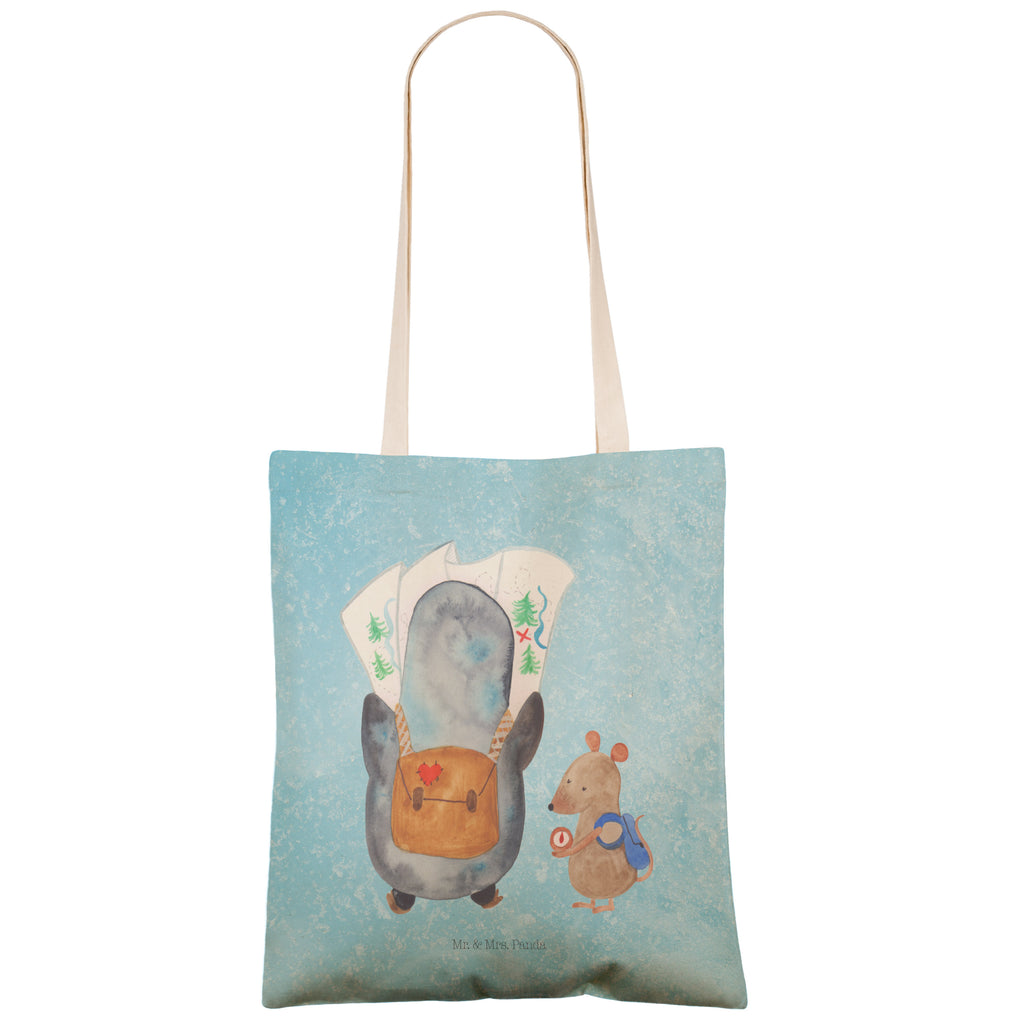 Einkaufstasche Pinguin & Maus Wanderer Tragetasche, Tasche, Beutel, Stofftasche, Baumwolltasche, Umhängetasche, Shopper, Pinguin, Pinguine, Abenteurer, Abenteuer, Roadtrip, Ausflug, Wanderlust, wandern