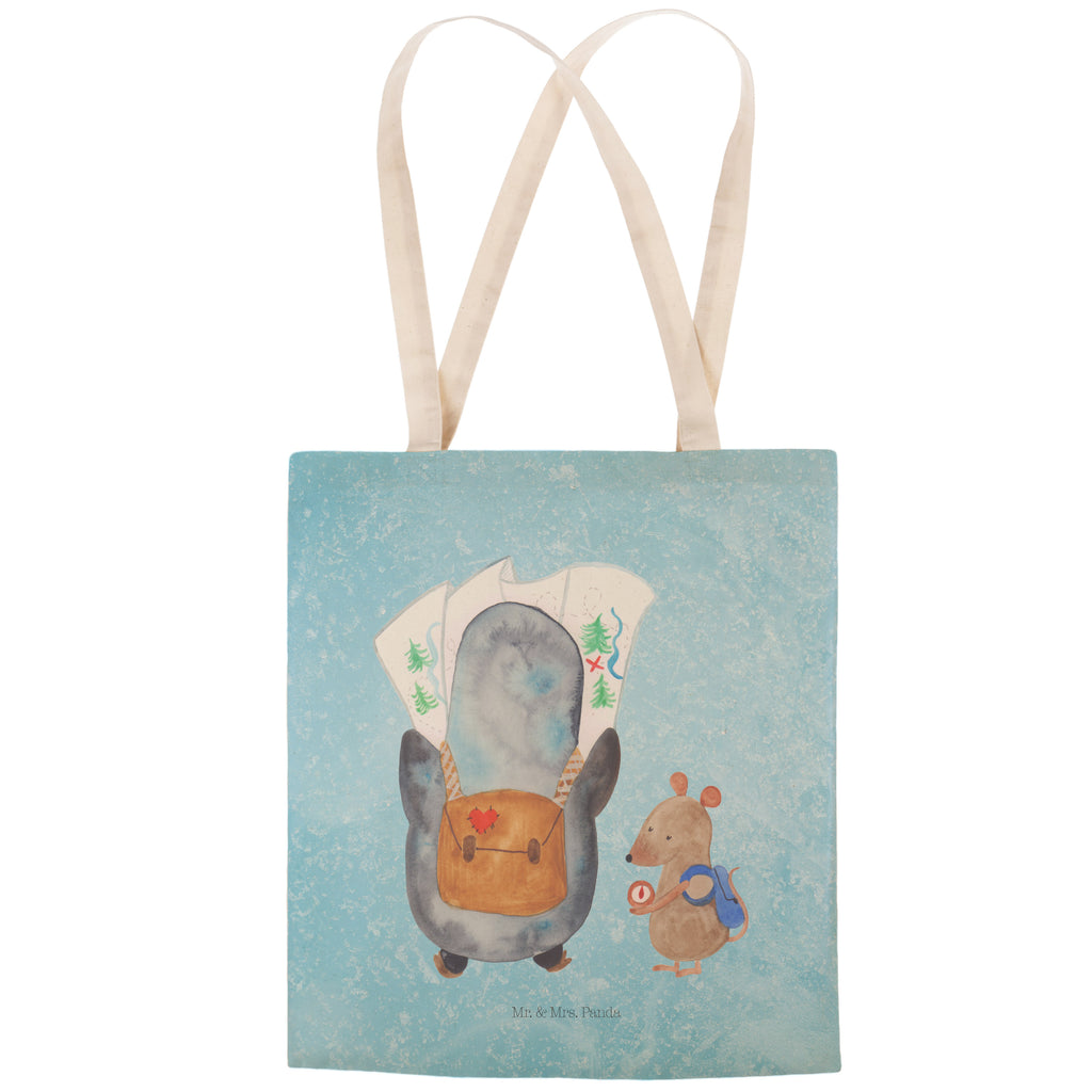 Einkaufstasche Pinguin & Maus Wanderer Tragetasche, Tasche, Beutel, Stofftasche, Baumwolltasche, Umhängetasche, Shopper, Pinguin, Pinguine, Abenteurer, Abenteuer, Roadtrip, Ausflug, Wanderlust, wandern