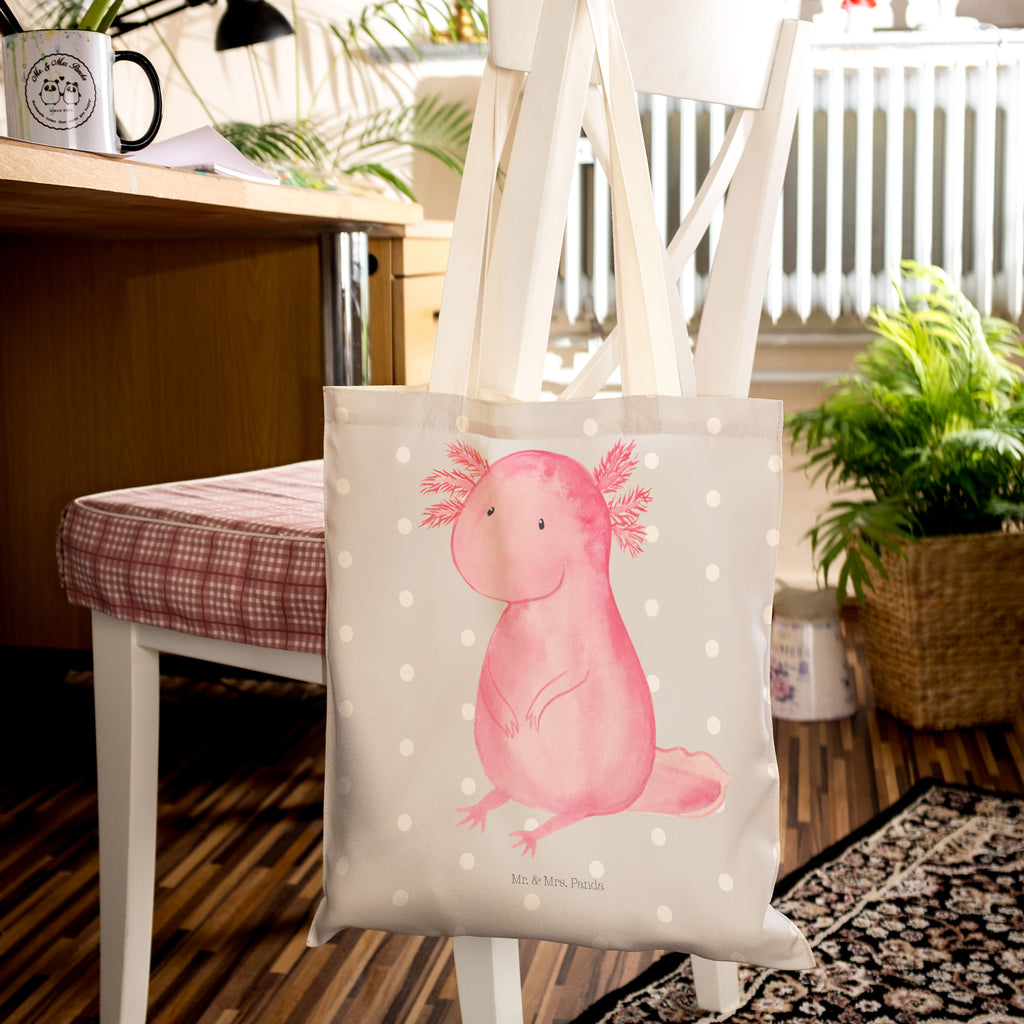 Einkaufstasche Axolotl Tragetasche, Tasche, Beutel, Stofftasche, Baumwolltasche, Umhängetasche, Shopper, Axolotl, Molch, Axolot, vergnügt, fröhlich, zufrieden, Lebensstil, Weisheit, Lebensweisheit, Liebe, Freundin