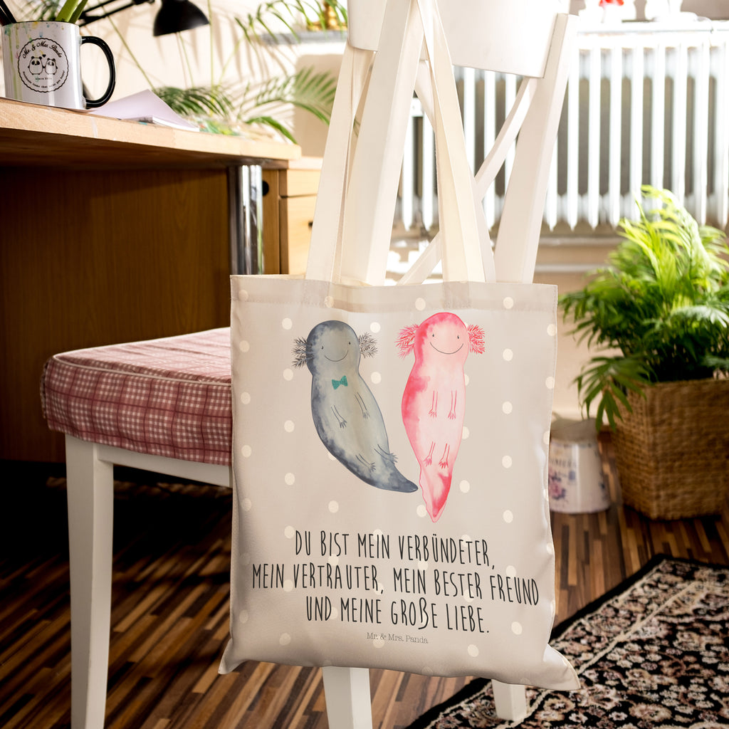 Einkaufstasche Axolotl Axel+Lotte Tragetasche, Tasche, Beutel, Stofftasche, Baumwolltasche, Umhängetasche, Shopper, Axolotl, Molch, Axolot, Schwanzlurch, Lurch, Lurche, Liebe, große Liebe, Liebesbeweis, Freund, Verlobter, Ehemann, Jahrestag, Valentinstag