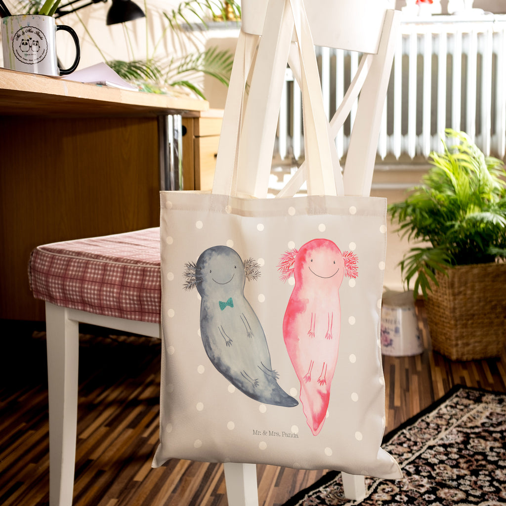 Einkaufstasche Axolotl Axel+Lotte Tragetasche, Tasche, Beutel, Stofftasche, Baumwolltasche, Umhängetasche, Shopper, Axolotl, Molch, Axolot, Schwanzlurch, Lurch, Lurche, Liebe, große Liebe, Liebesbeweis, Freund, Verlobter, Ehemann, Jahrestag, Valentinstag