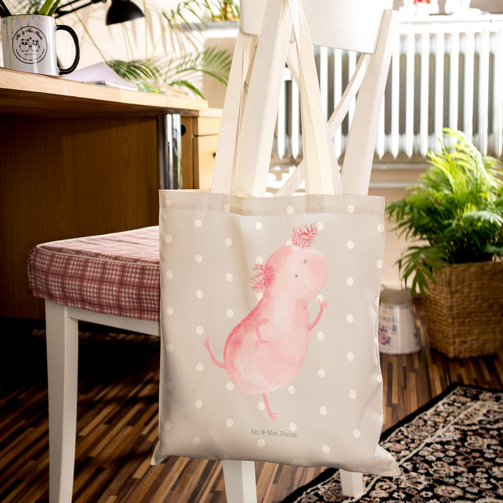 Einkaufstasche Axolotl tanzt Tragetasche, Tasche, Beutel, Stofftasche, Baumwolltasche, Umhängetasche, Shopper, Axolotl, Molch, Axolot, Schwanzlurch, Lurch, Lurche, Dachschaden, Sterne, verrückt, Freundin, beste Freundin