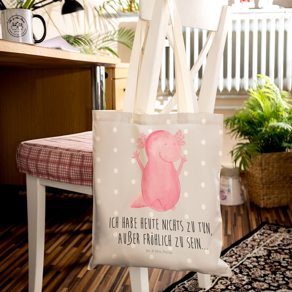 Einkaufstasche Axolotl Hurra Tragetasche, Tasche, Beutel, Stofftasche, Baumwolltasche, Umhängetasche, Shopper, Axolotl, Molch, Axolot, Schwanzlurch, Lurch, Lurche, fröhlich, Spaß, Freude, Motivation, Zufriedenheit