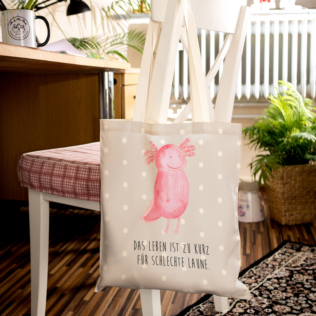 Einkaufstasche Axolotl glücklich Tragetasche, Tasche, Beutel, Stofftasche, Baumwolltasche, Umhängetasche, Shopper, Axolotl, Molch, Axolot, Schwanzlurch, Lurch, Lurche, Motivation, gute Laune