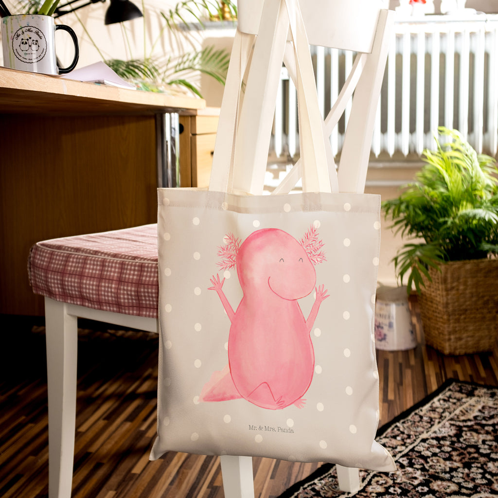 Einkaufstasche Axolotl Hurra Tragetasche, Tasche, Beutel, Stofftasche, Baumwolltasche, Umhängetasche, Shopper, Axolotl, Molch, Axolot, Schwanzlurch, Lurch, Lurche, fröhlich, Spaß, Freude, Motivation, Zufriedenheit