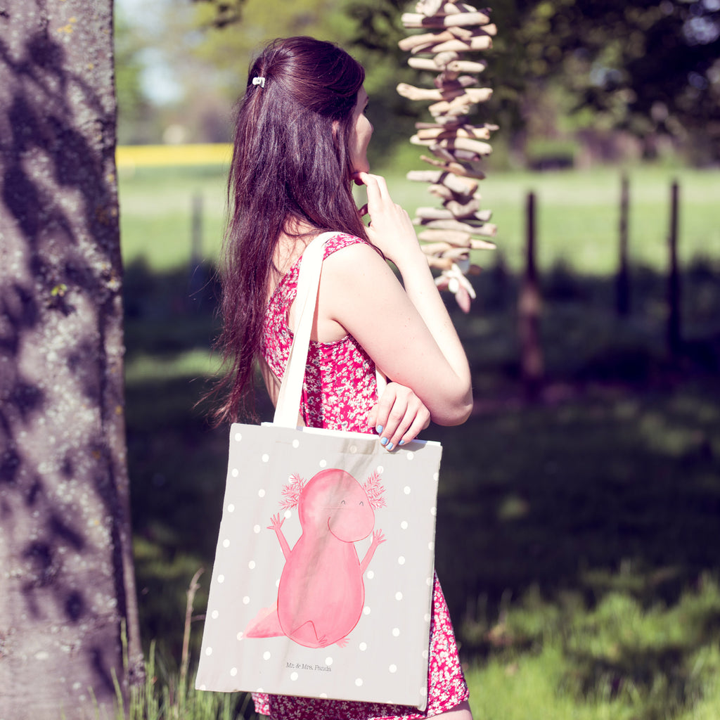 Einkaufstasche Axolotl Hurra Tragetasche, Tasche, Beutel, Stofftasche, Baumwolltasche, Umhängetasche, Shopper, Axolotl, Molch, Axolot, Schwanzlurch, Lurch, Lurche, fröhlich, Spaß, Freude, Motivation, Zufriedenheit