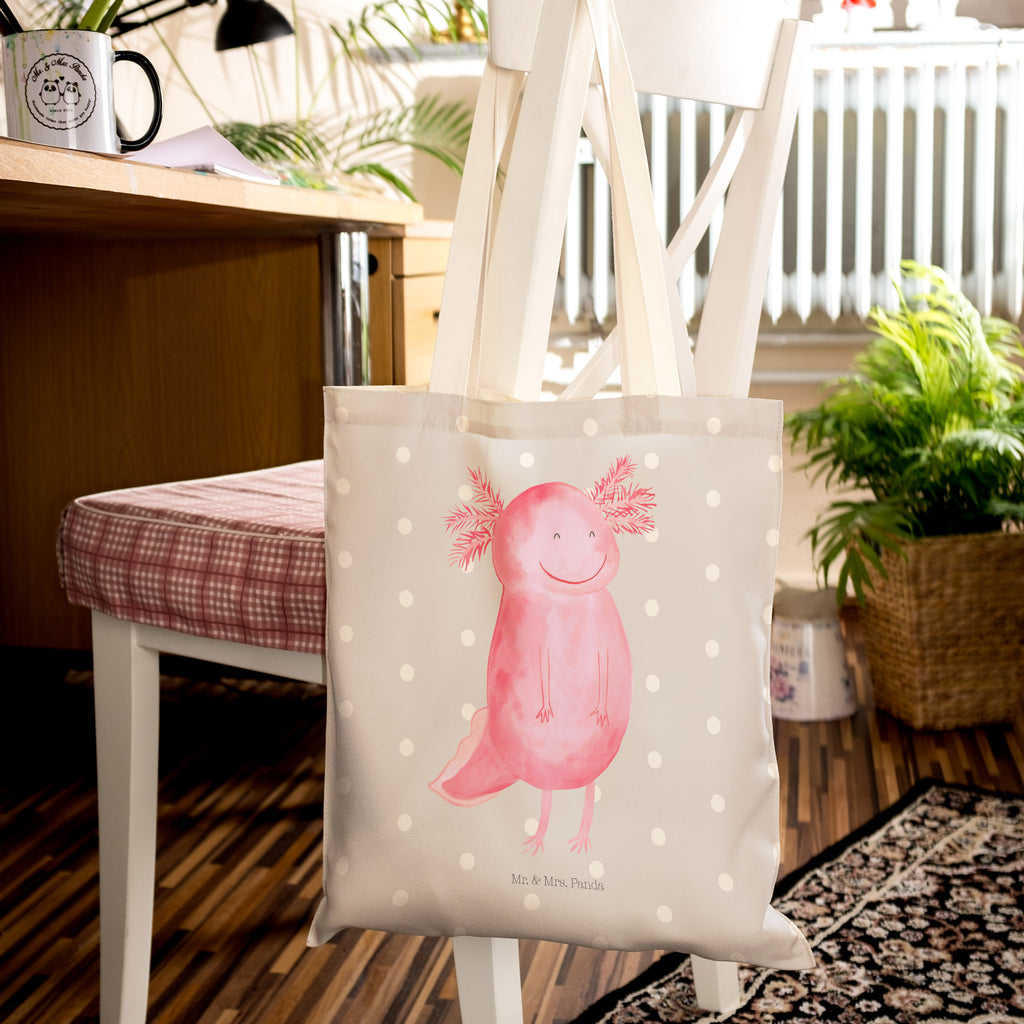 Einkaufstasche Axolotl glücklich Tragetasche, Tasche, Beutel, Stofftasche, Baumwolltasche, Umhängetasche, Shopper, Axolotl, Molch, Axolot, Schwanzlurch, Lurch, Lurche, Motivation, gute Laune