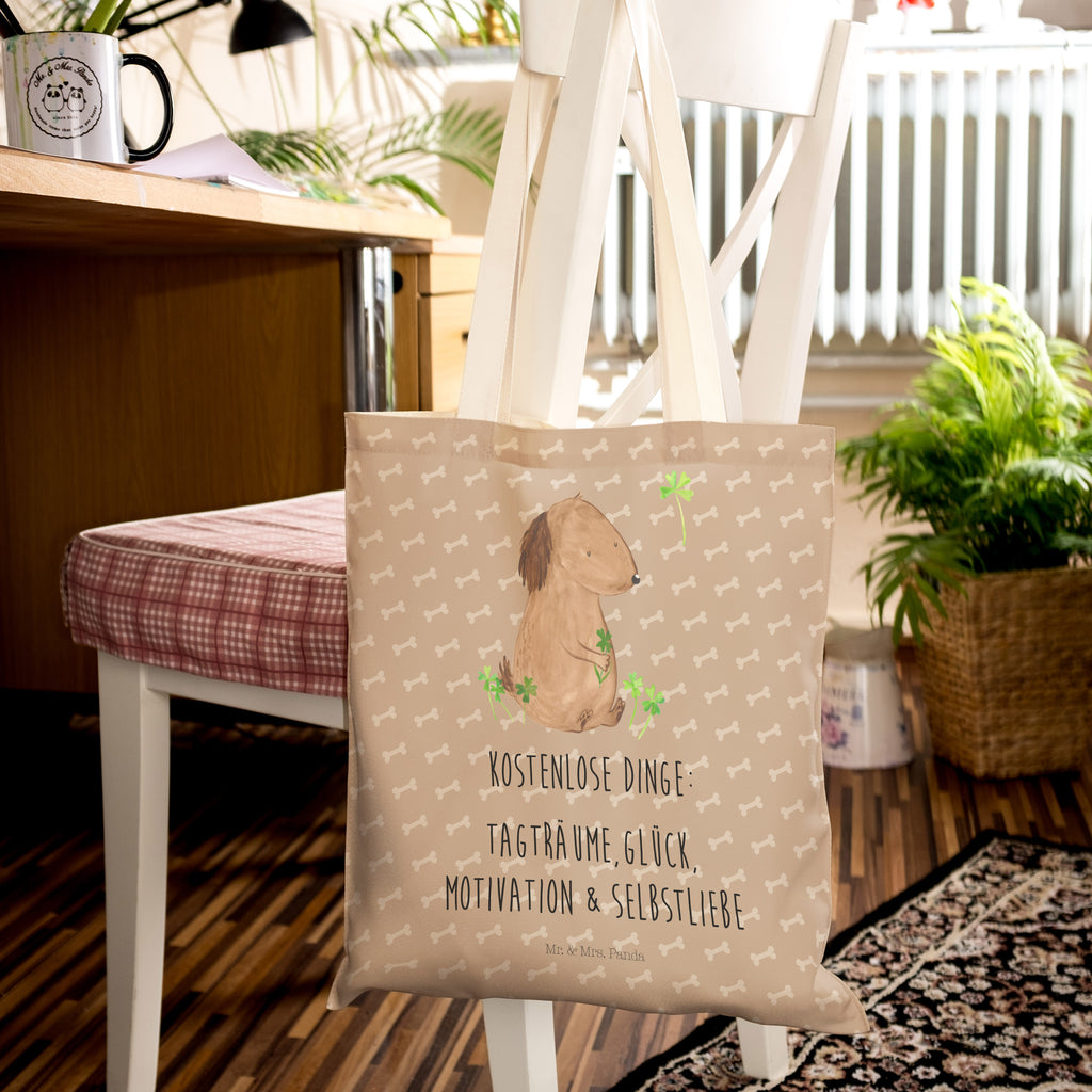 Einkaufstasche Hund Kleeblatt Tragetasche, Tasche, Beutel, Stofftasche, Baumwolltasche, Umhängetasche, Shopper, Hund, Hundemotiv, Haustier, Hunderasse, Tierliebhaber, Hundebesitzer, Sprüche, Kleeblatt, Glück, Tagträume, Motivation, Neuanfang, Geschenk, Glücksbringer, Selbstliebe, Achtsamkeit