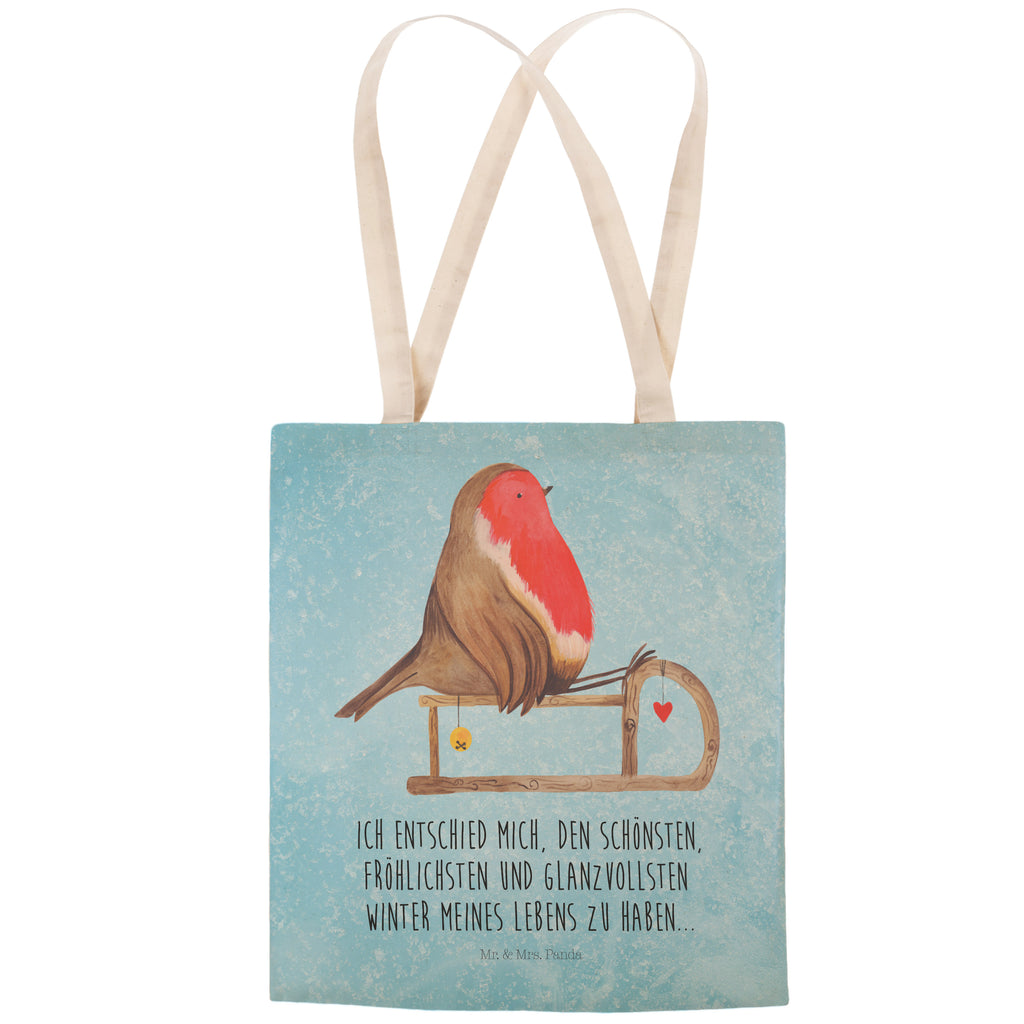 Einkaufstasche Rotkehlchen Schlitten Tragetasche, Tasche, Beutel, Stofftasche, Baumwolltasche, Umhängetasche, Shopper, Winter, Weihnachten, Weihnachtsdeko, Nikolaus, Advent, Heiligabend, Wintermotiv, Schlitten, Vogel