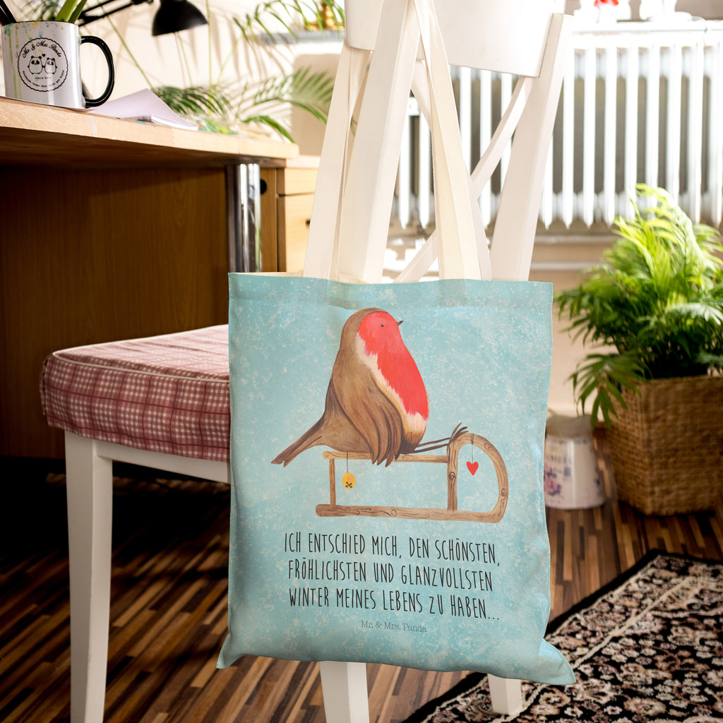 Einkaufstasche Rotkehlchen Schlitten Tragetasche, Tasche, Beutel, Stofftasche, Baumwolltasche, Umhängetasche, Shopper, Winter, Weihnachten, Weihnachtsdeko, Nikolaus, Advent, Heiligabend, Wintermotiv, Schlitten, Vogel