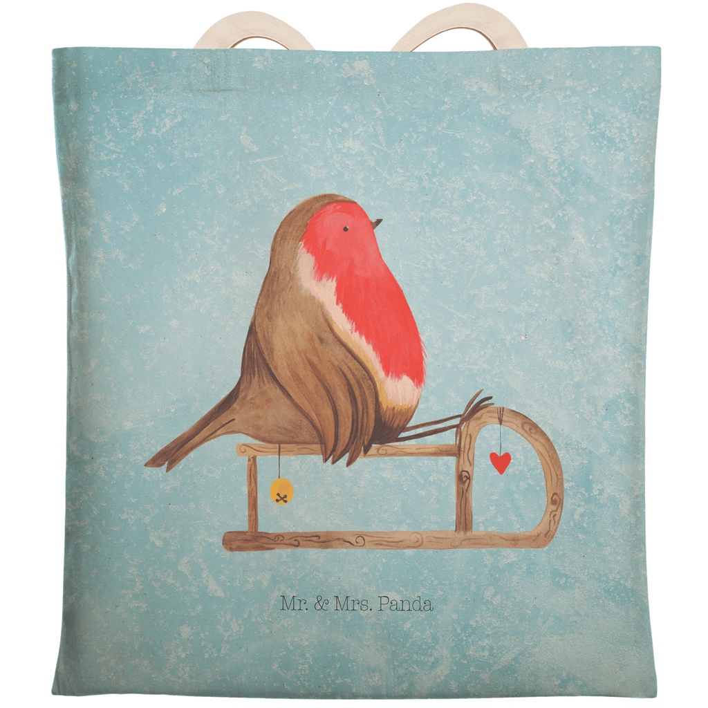 Einkaufstasche Rotkehlchen Schlitten Tragetasche, Tasche, Beutel, Stofftasche, Baumwolltasche, Umhängetasche, Shopper, Winter, Weihnachten, Weihnachtsdeko, Nikolaus, Advent, Heiligabend, Wintermotiv, Schlitten, Vogel
