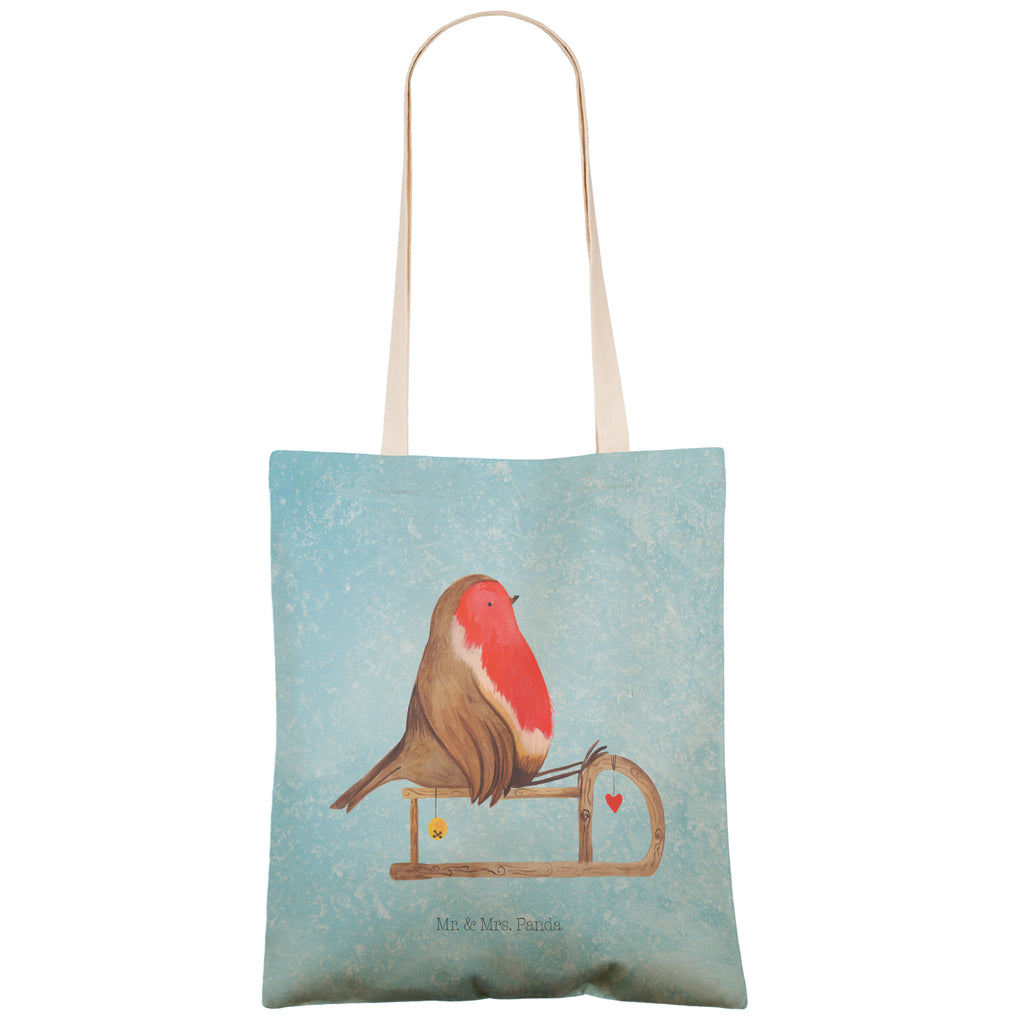 Einkaufstasche Rotkehlchen Schlitten Tragetasche, Tasche, Beutel, Stofftasche, Baumwolltasche, Umhängetasche, Shopper, Winter, Weihnachten, Weihnachtsdeko, Nikolaus, Advent, Heiligabend, Wintermotiv, Schlitten, Vogel