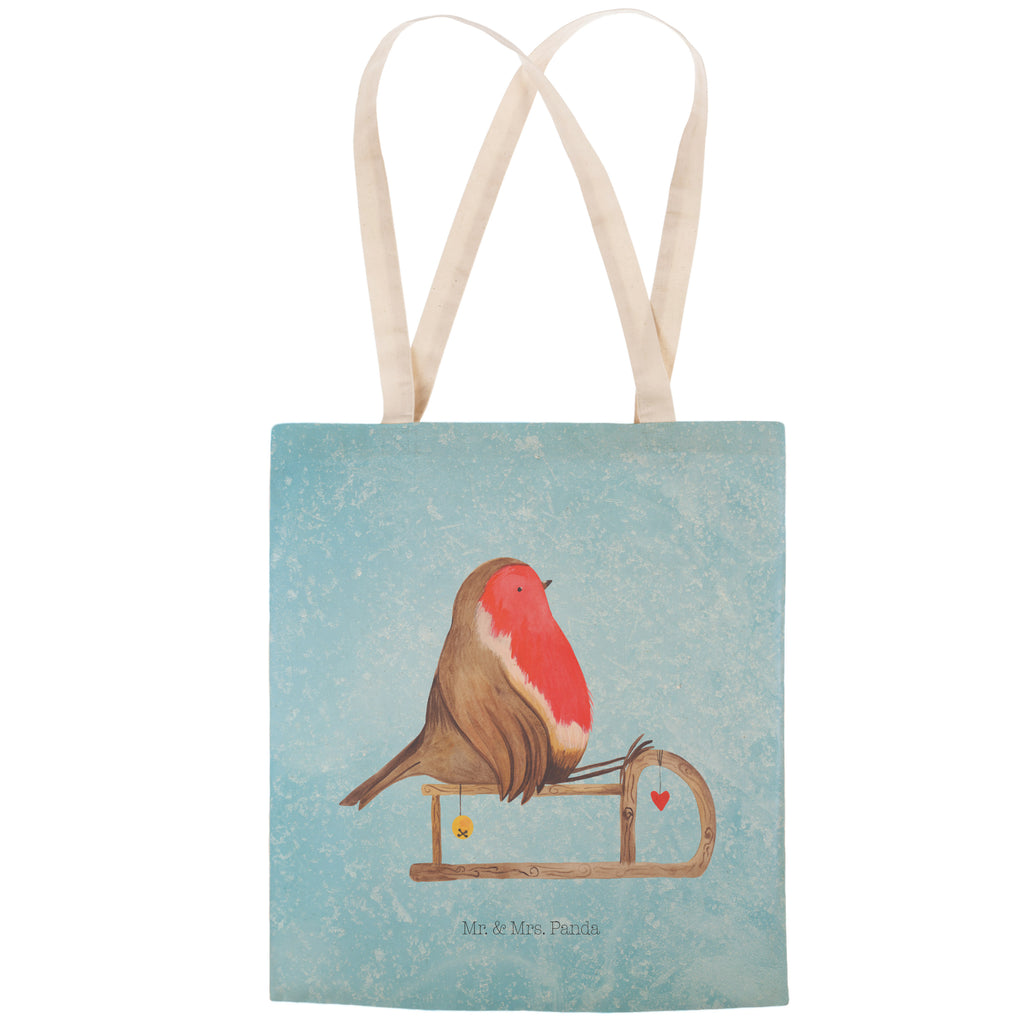 Einkaufstasche Rotkehlchen Schlitten Tragetasche, Tasche, Beutel, Stofftasche, Baumwolltasche, Umhängetasche, Shopper, Winter, Weihnachten, Weihnachtsdeko, Nikolaus, Advent, Heiligabend, Wintermotiv, Schlitten, Vogel