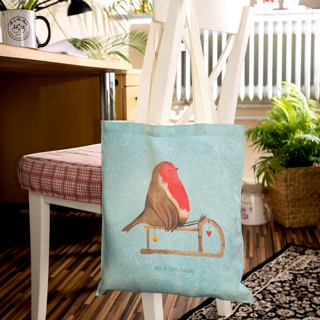 Einkaufstasche Rotkehlchen Schlitten Tragetasche, Tasche, Beutel, Stofftasche, Baumwolltasche, Umhängetasche, Shopper, Winter, Weihnachten, Weihnachtsdeko, Nikolaus, Advent, Heiligabend, Wintermotiv, Schlitten, Vogel