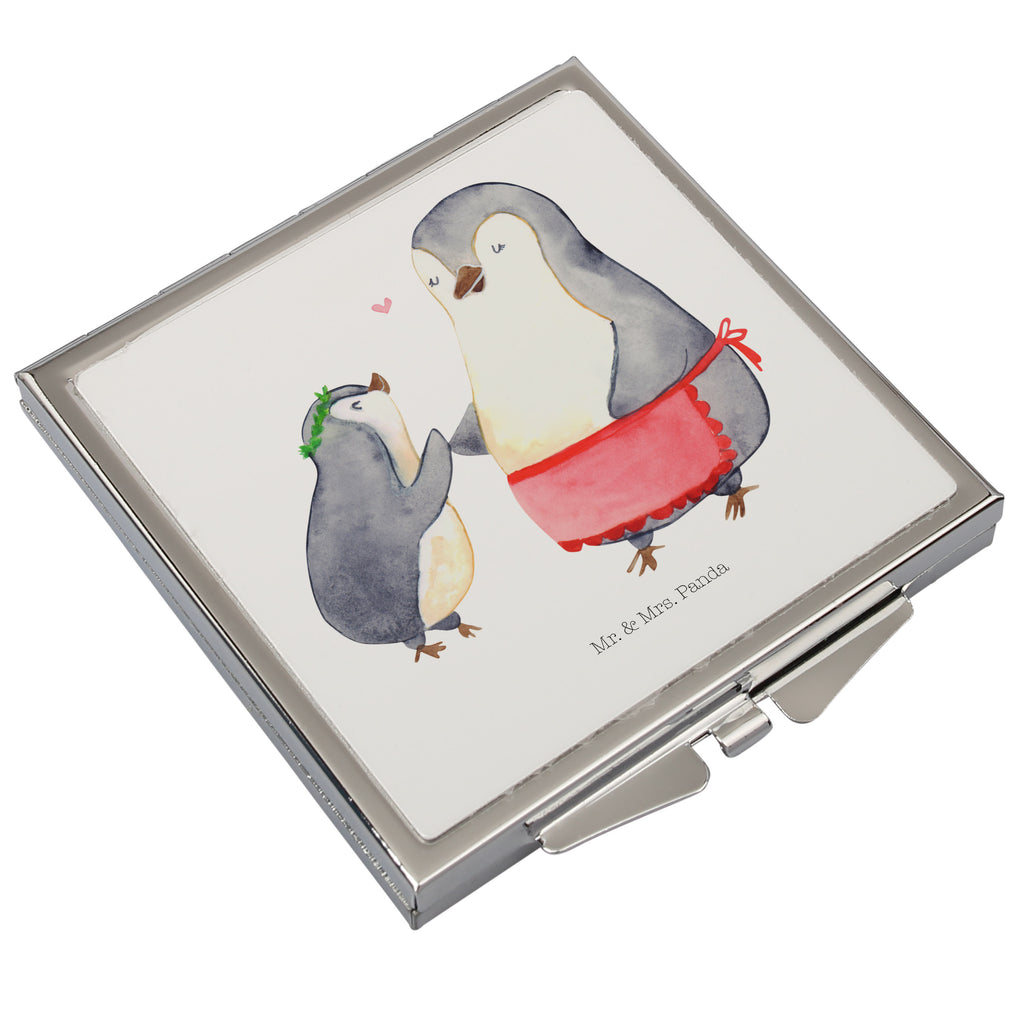 Handtaschenspiegel quadratisch Pinguin mit Kind Spiegel, Handtasche, Quadrat, silber, schminken, Schminkspiegel, Familie, Vatertag, Muttertag, Bruder, Schwester, Mama, Papa, Oma, Opa, Geschenk, Mami, Mutti, Mutter, Geburststag