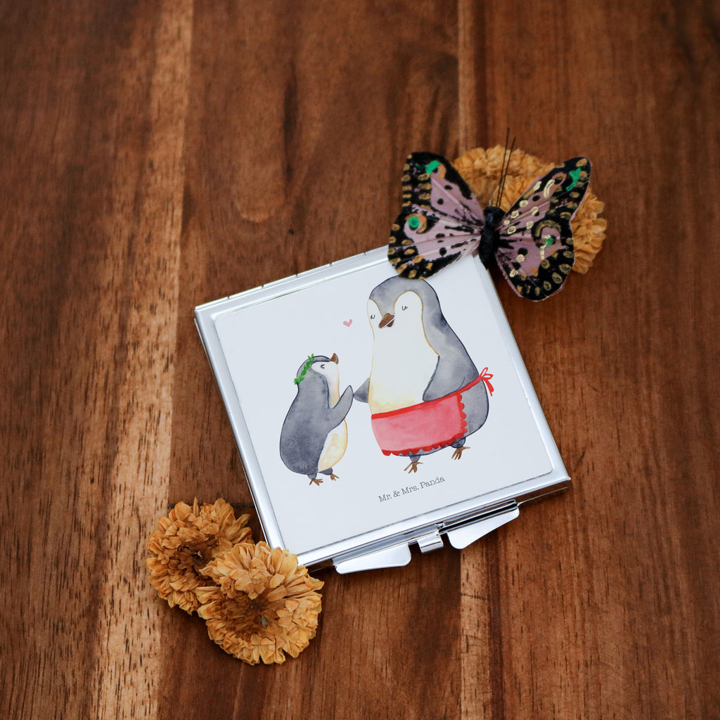 Handtaschenspiegel quadratisch Pinguin mit Kind Spiegel, Handtasche, Quadrat, silber, schminken, Schminkspiegel, Familie, Vatertag, Muttertag, Bruder, Schwester, Mama, Papa, Oma, Opa, Geschenk, Mami, Mutti, Mutter, Geburststag