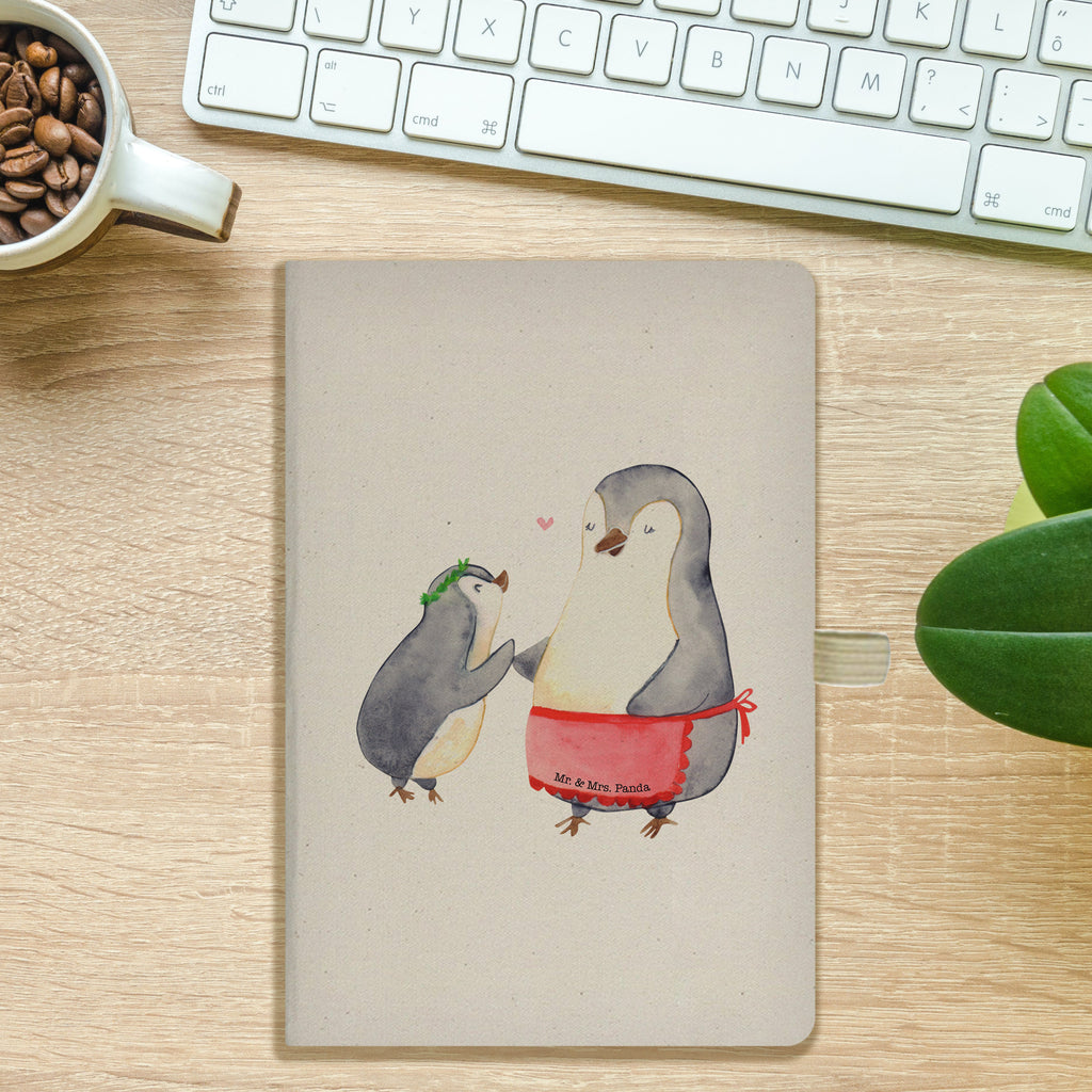DIN A5 Baumwoll Notizbuch Pinguin mit Kind Notizen, Eintragebuch, Tagebuch, Notizblock, Adressbuch, Journal, Kladde, Skizzenbuch, Notizheft, Schreibbuch, Schreibheft, Familie, Vatertag, Muttertag, Bruder, Schwester, Mama, Papa, Oma, Opa, Geschenk, Mami, Mutti, Mutter, Geburststag
