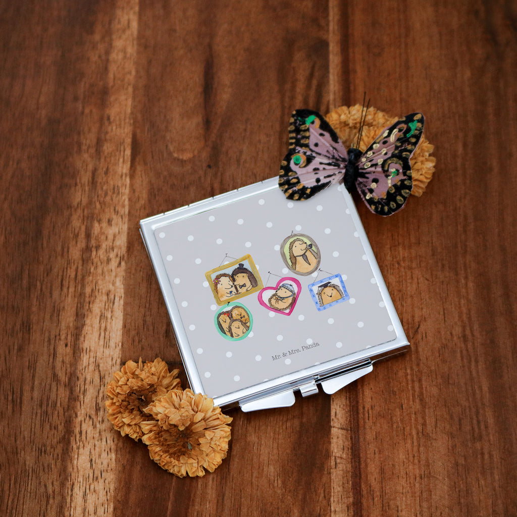 Handtaschenspiegel quadratisch Igel Familie Spiegel, Handtasche, Quadrat, silber, schminken, Schminkspiegel, Familie, Vatertag, Muttertag, Bruder, Schwester, Mama, Papa, Oma, Opa, Liebe, Igel, Bilder, Zusammenhalt, Glück