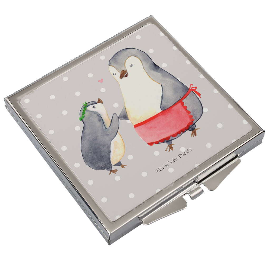 Handtaschenspiegel quadratisch Pinguin mit Kind Spiegel, Handtasche, Quadrat, silber, schminken, Schminkspiegel, Familie, Vatertag, Muttertag, Bruder, Schwester, Mama, Papa, Oma, Opa, Geschenk, Mami, Mutti, Mutter, Geburststag