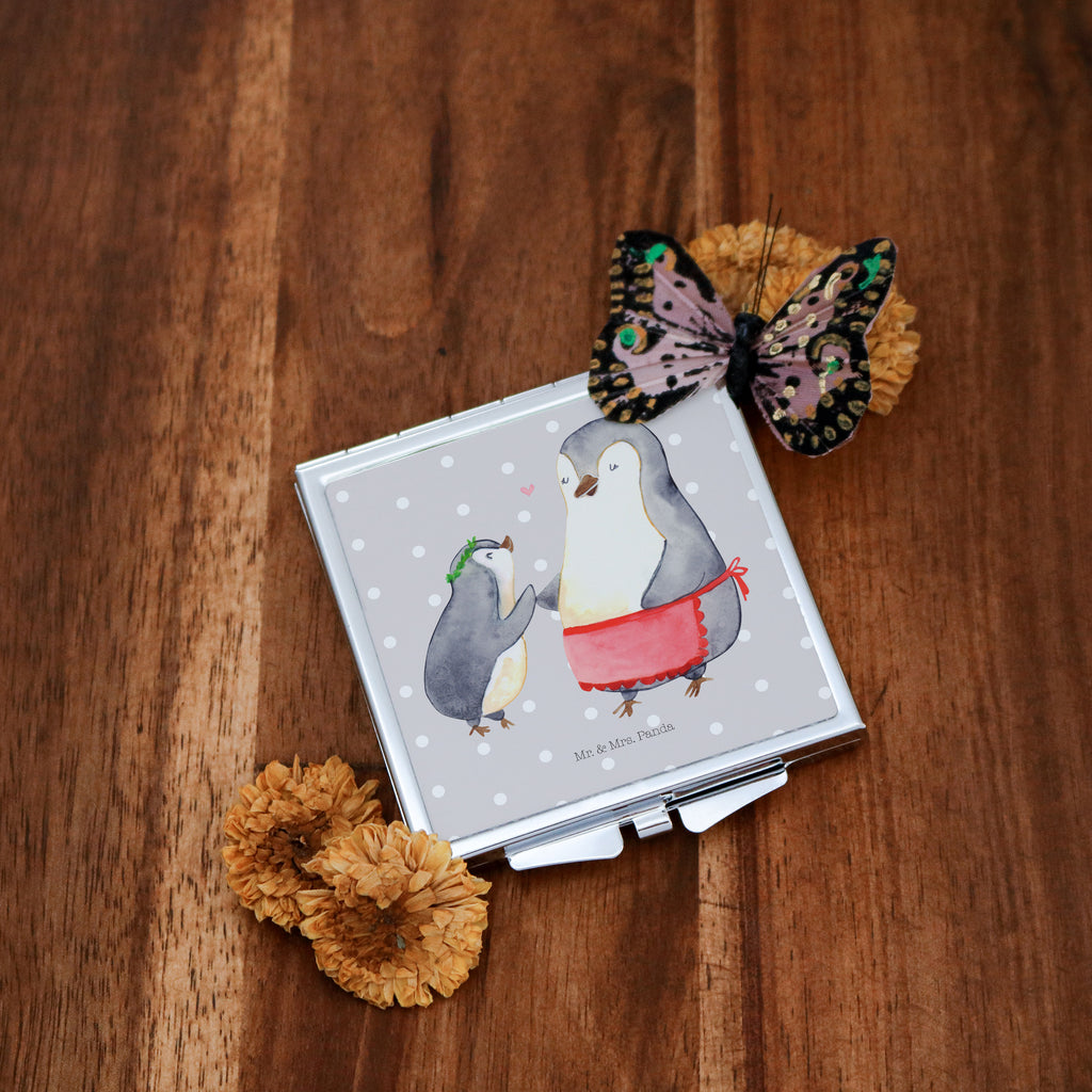 Handtaschenspiegel quadratisch Pinguin mit Kind Spiegel, Handtasche, Quadrat, silber, schminken, Schminkspiegel, Familie, Vatertag, Muttertag, Bruder, Schwester, Mama, Papa, Oma, Opa, Geschenk, Mami, Mutti, Mutter, Geburststag
