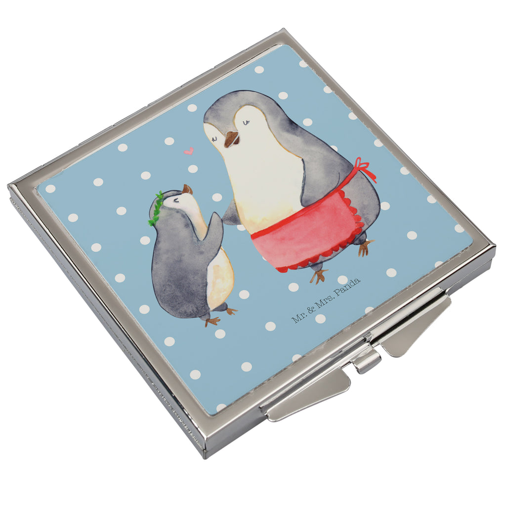 Handtaschenspiegel quadratisch Pinguin mit Kind Spiegel, Handtasche, Quadrat, silber, schminken, Schminkspiegel, Familie, Vatertag, Muttertag, Bruder, Schwester, Mama, Papa, Oma, Opa, Geschenk, Mami, Mutti, Mutter, Geburststag