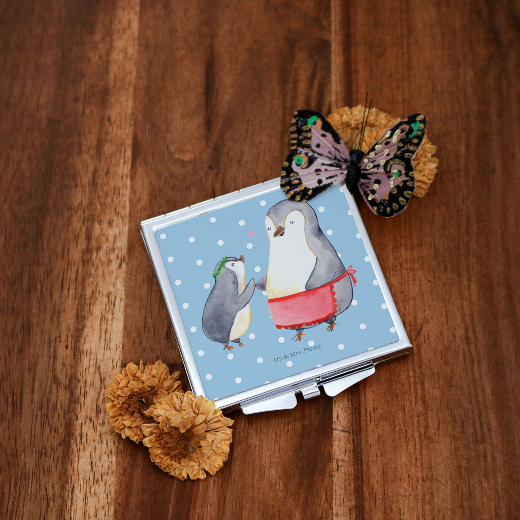 Handtaschenspiegel quadratisch Pinguin mit Kind Spiegel, Handtasche, Quadrat, silber, schminken, Schminkspiegel, Familie, Vatertag, Muttertag, Bruder, Schwester, Mama, Papa, Oma, Opa, Geschenk, Mami, Mutti, Mutter, Geburststag