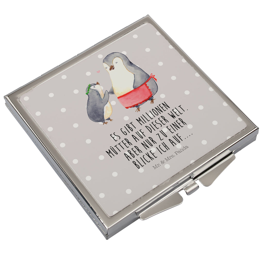 Handtaschenspiegel quadratisch Pinguin mit Kind Spiegel, Handtasche, Quadrat, silber, schminken, Schminkspiegel, Familie, Vatertag, Muttertag, Bruder, Schwester, Mama, Papa, Oma, Opa, Geschenk, Mami, Mutti, Mutter, Geburststag