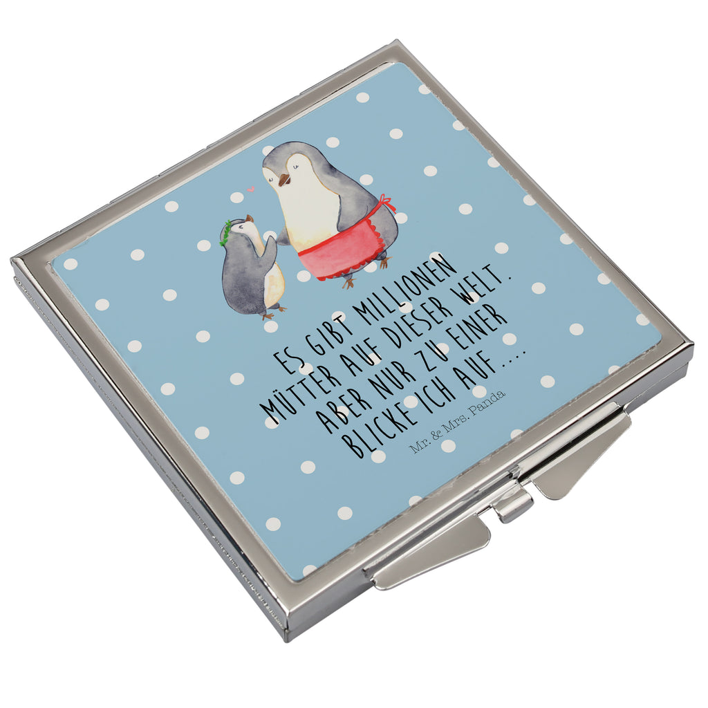 Handtaschenspiegel quadratisch Pinguin mit Kind Spiegel, Handtasche, Quadrat, silber, schminken, Schminkspiegel, Familie, Vatertag, Muttertag, Bruder, Schwester, Mama, Papa, Oma, Opa, Geschenk, Mami, Mutti, Mutter, Geburststag