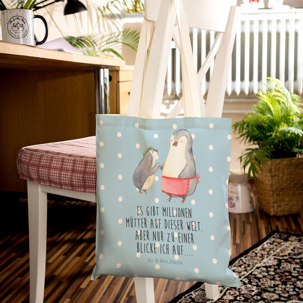 Einkaufstasche Pinguin mit Kind Tragetasche, Tasche, Beutel, Stofftasche, Baumwolltasche, Umhängetasche, Shopper, Familie, Vatertag, Muttertag, Bruder, Schwester, Mama, Papa, Oma, Opa, Geschenk, Mami, Mutti, Mutter, Geburststag