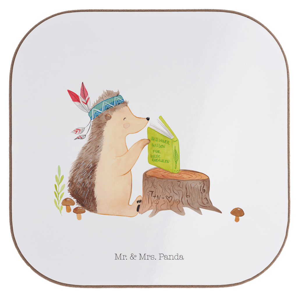 Quadratische Untersetzer Igel Indianer Bierdeckel, Glasuntersetzer, Untersetzer Gläser, Getränkeuntersetzer, Waldtiere, Tiere, Igel, Indianer, Abenteuer, Lagerfeuer, Camping