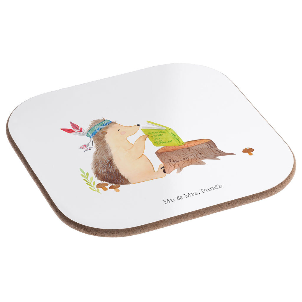 Quadratische Untersetzer Igel Indianer Bierdeckel, Glasuntersetzer, Untersetzer Gläser, Getränkeuntersetzer, Waldtiere, Tiere, Igel, Indianer, Abenteuer, Lagerfeuer, Camping