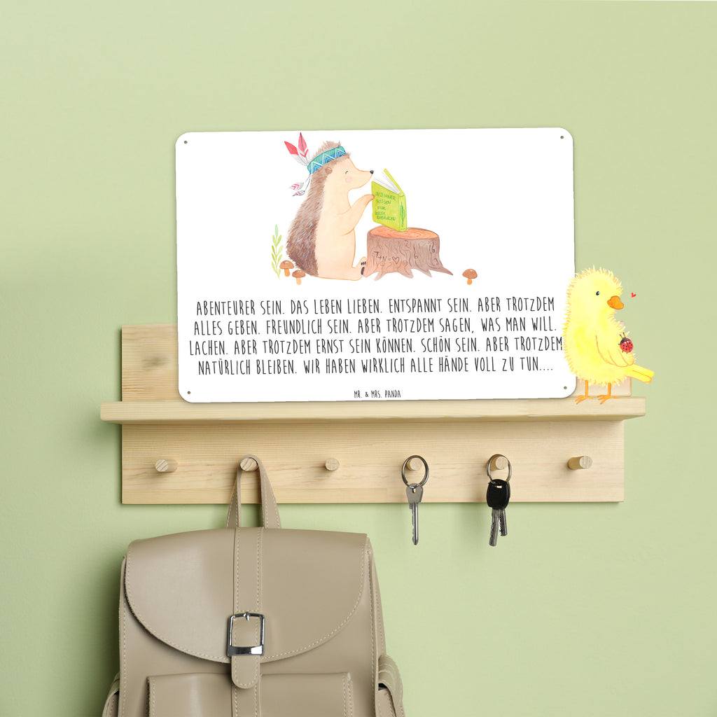 Blechschild Igel Indianer Blechschild, Metallschild, Geschenk Schild, Schild, Magnet-Metall-Schild, Deko Schild, Wandschild, Wand-Dekoration, Türschild, Waldtiere, Tiere, Igel, Indianer, Abenteuer, Lagerfeuer, Camping