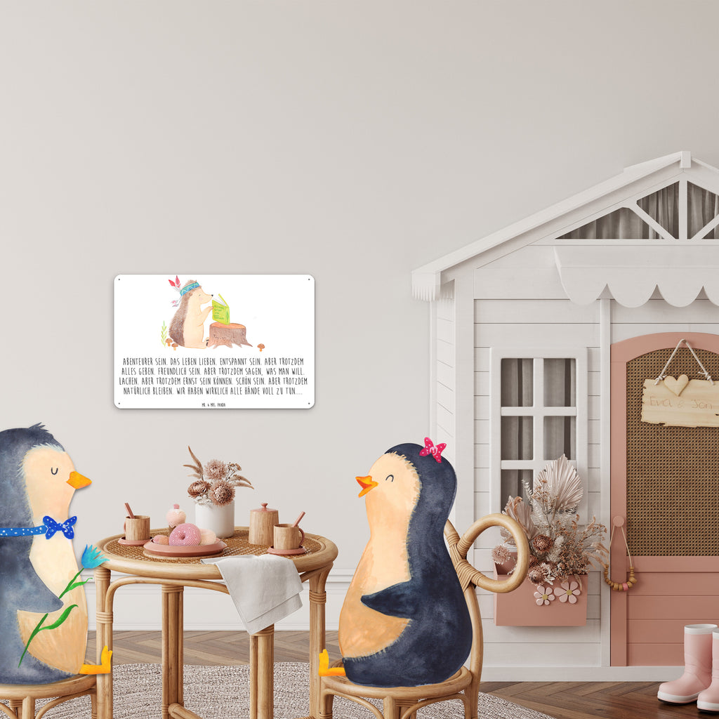 Blechschild Igel Indianer Blechschild, Metallschild, Geschenk Schild, Schild, Magnet-Metall-Schild, Deko Schild, Wandschild, Wand-Dekoration, Türschild, Waldtiere, Tiere, Igel, Indianer, Abenteuer, Lagerfeuer, Camping