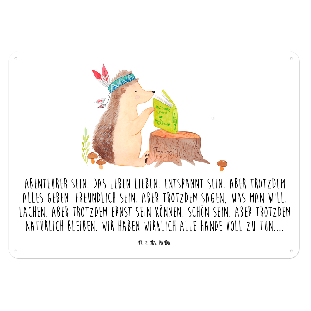 Blechschild Igel Indianer Blechschild, Metallschild, Geschenk Schild, Schild, Magnet-Metall-Schild, Deko Schild, Wandschild, Wand-Dekoration, Türschild, Waldtiere, Tiere, Igel, Indianer, Abenteuer, Lagerfeuer, Camping