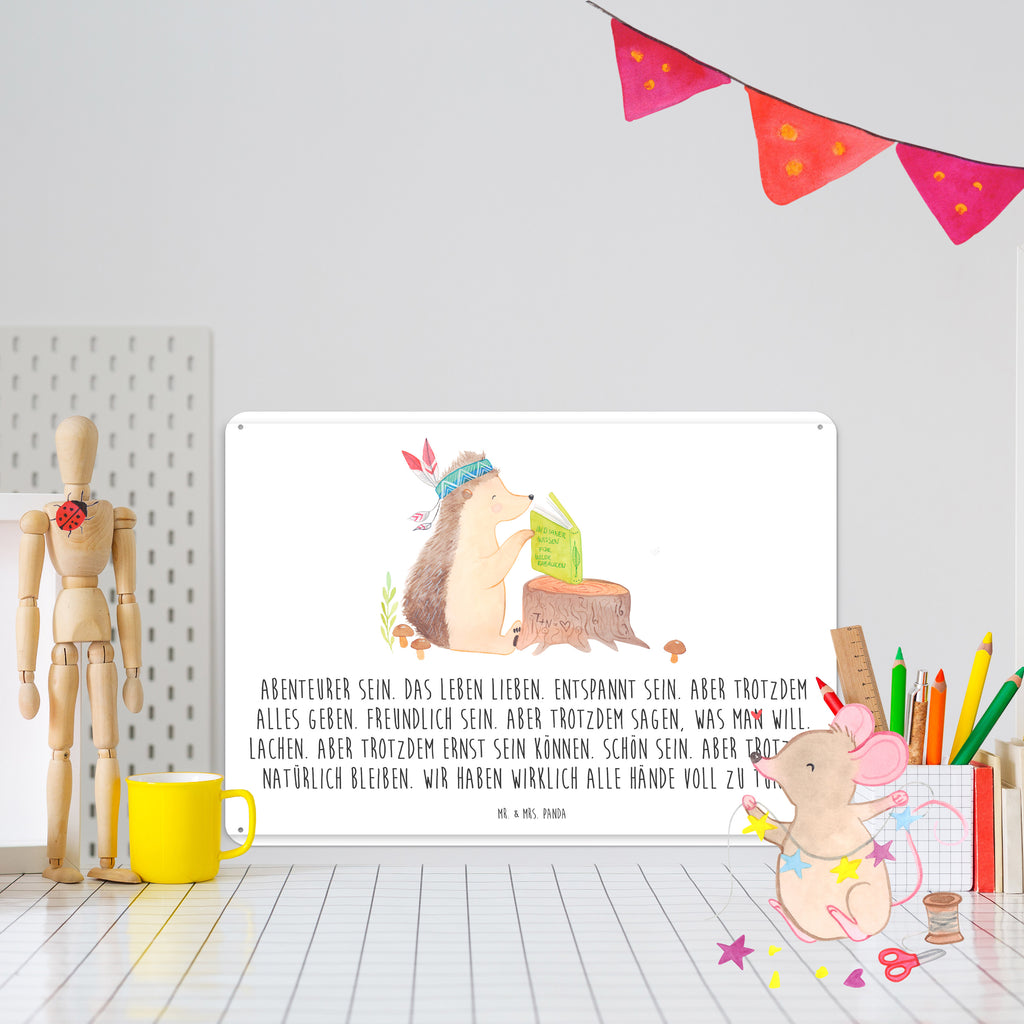 Blechschild Igel Indianer Blechschild, Metallschild, Geschenk Schild, Schild, Magnet-Metall-Schild, Deko Schild, Wandschild, Wand-Dekoration, Türschild, Waldtiere, Tiere, Igel, Indianer, Abenteuer, Lagerfeuer, Camping