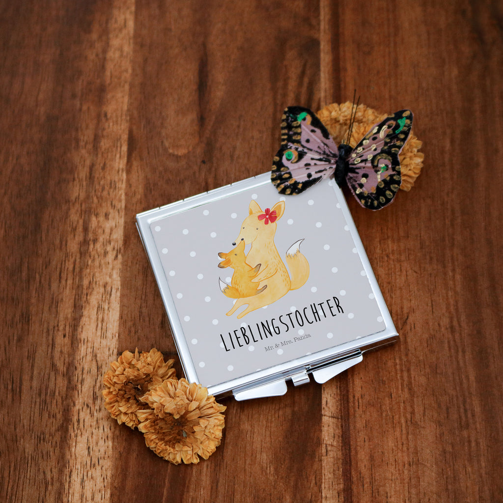 Handtaschenspiegel quadratisch Fuchs Mama & Kind Spiegel, Handtasche, Quadrat, silber, schminken, Schminkspiegel, Familie, Vatertag, Muttertag, Bruder, Schwester, Mama, Papa, Oma, Opa, Mutter, Tochter, Lieblingstochter, Beste Tochter, Geschenk