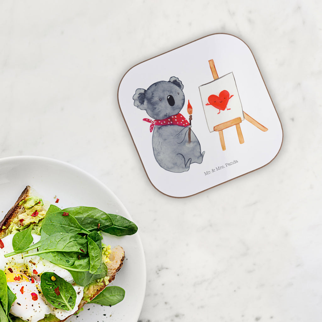 Quadratische Untersetzer Koala Künstler Bierdeckel, Glasuntersetzer, Untersetzer Gläser, Getränkeuntersetzer, Koala, Koalabär, Liebe, Liebensbeweis, Liebesgeschenk, Gefühle, Künstler, zeichnen