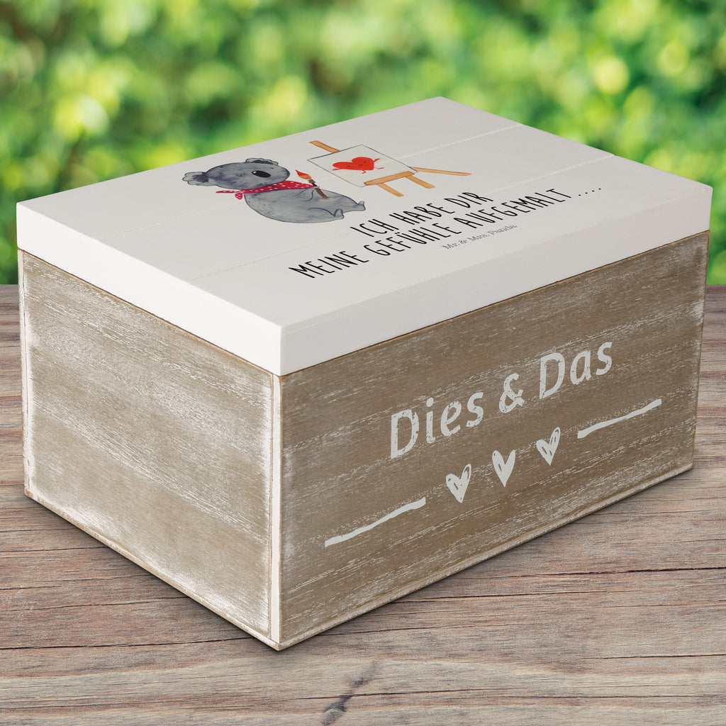 Holzkiste Koala Künstler Holzkiste, Kiste, Schatzkiste, Truhe, Schatulle, XXL, Erinnerungsbox, Erinnerungskiste, Dekokiste, Aufbewahrungsbox, Koala, Koalabär, Liebe, Liebensbeweis, Liebesgeschenk, Gefühle, Künstler, zeichnen