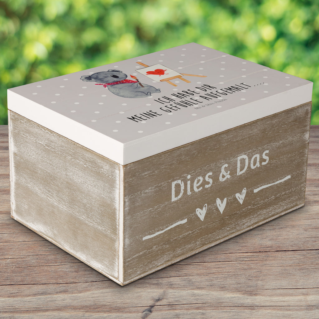 Holzkiste Koala Künstler Holzkiste, Kiste, Schatzkiste, Truhe, Schatulle, XXL, Erinnerungsbox, Erinnerungskiste, Dekokiste, Aufbewahrungsbox, Koala, Koalabär, Liebe, Liebensbeweis, Liebesgeschenk, Gefühle, Künstler, zeichnen