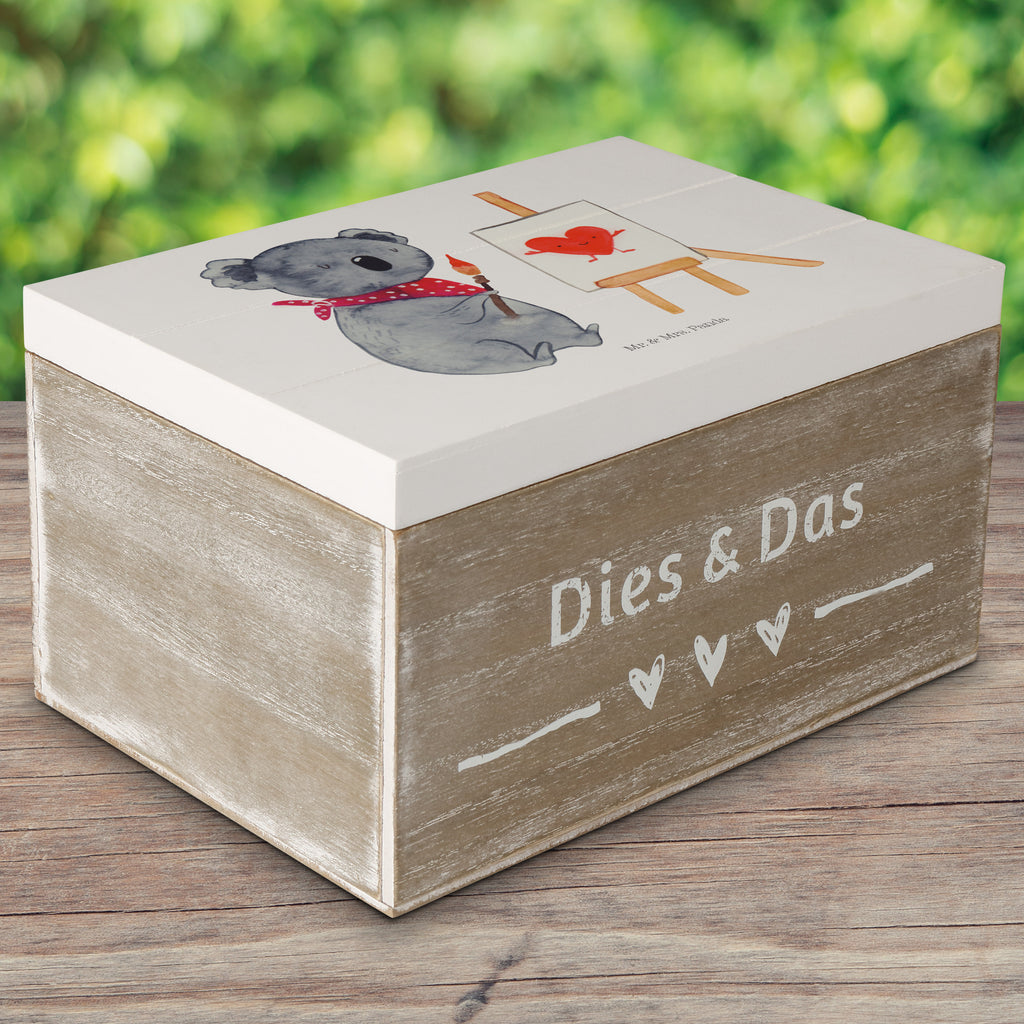 Holzkiste Koala Künstler Holzkiste, Kiste, Schatzkiste, Truhe, Schatulle, XXL, Erinnerungsbox, Erinnerungskiste, Dekokiste, Aufbewahrungsbox, Koala, Koalabär, Liebe, Liebensbeweis, Liebesgeschenk, Gefühle, Künstler, zeichnen