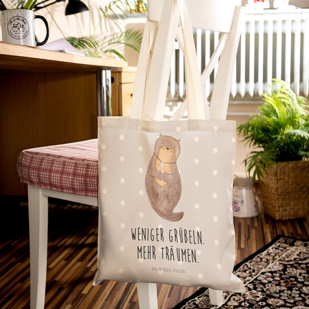 Einkaufstasche Otter mit Muschelmedaillon Tragetasche, Tasche, Beutel, Stofftasche, Baumwolltasche, Umhängetasche, Shopper, Otter, Fischotter, Seeotter, Otterliebe, grübeln, träumen, Motivation, Tagträumen, Büro