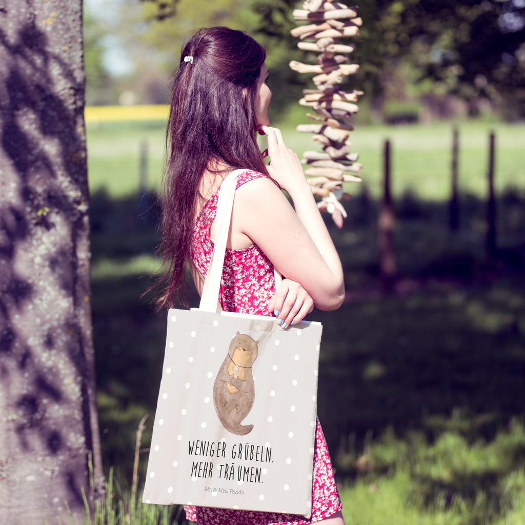 Einkaufstasche Otter mit Muschelmedaillon Tragetasche, Tasche, Beutel, Stofftasche, Baumwolltasche, Umhängetasche, Shopper, Otter, Fischotter, Seeotter, Otterliebe, grübeln, träumen, Motivation, Tagträumen, Büro
